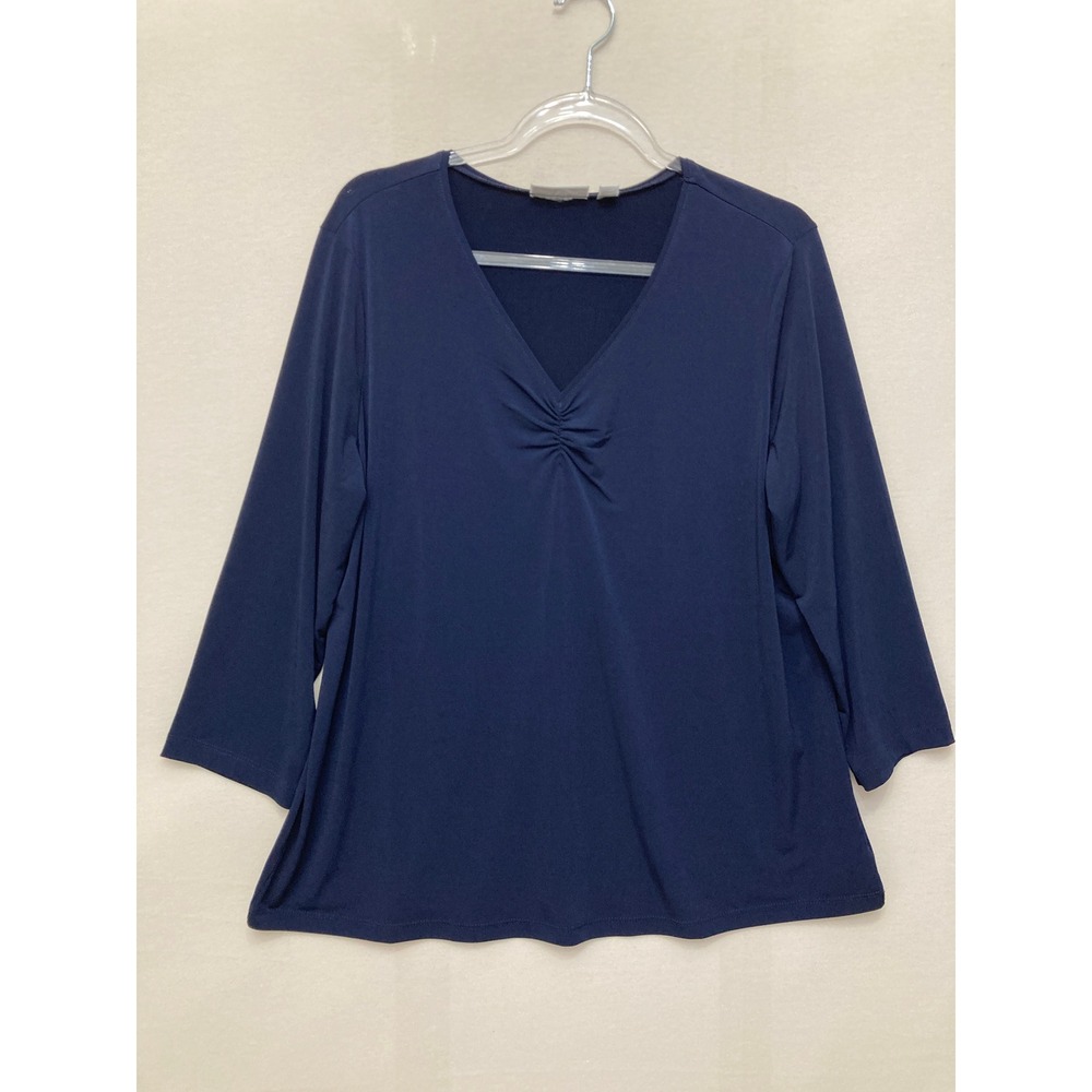 Susan Graver Liquid Knit Top Large Navy V-Neck Ruched 3/4 Sleeve Blouse
